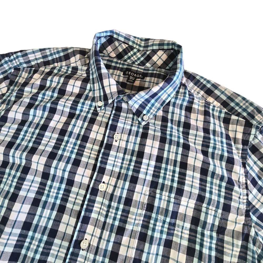 George Shirt Mens 2XL Short Sleeve Blue Teal White Plaid Button Down Pocket‎